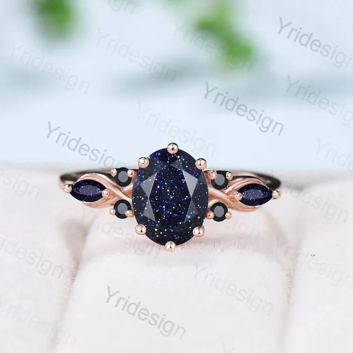 Vintage blue sandstone engagement ring rose gold twisted unique 15CT black crystal oval wedding ring art deco anniversary ring for women PENFINE Rings Vintage blue sandstone engagement ring rose gold twisted unique 15CT black crystal oval wedding ring art deco anniversary ring for women PENFINE Rings