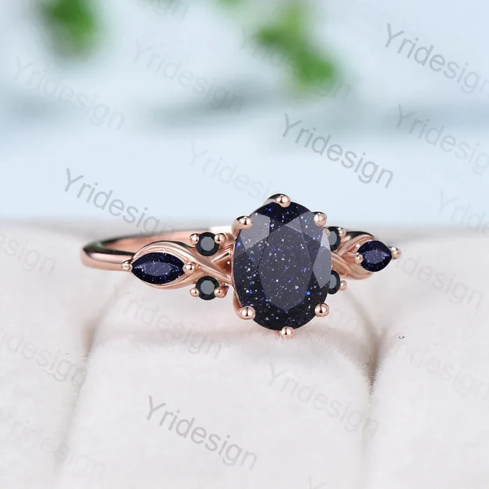 Vintage blue sandstone engagement ring rose gold twisted unique 15CT black crystal oval wedding ring art deco anniversary ring for women PENFINE Rings Vintage blue sandstone engagement ring rose gold twisted unique 15CT black crystal oval wedding ring art deco anniversary ring for women PENFINE Rings