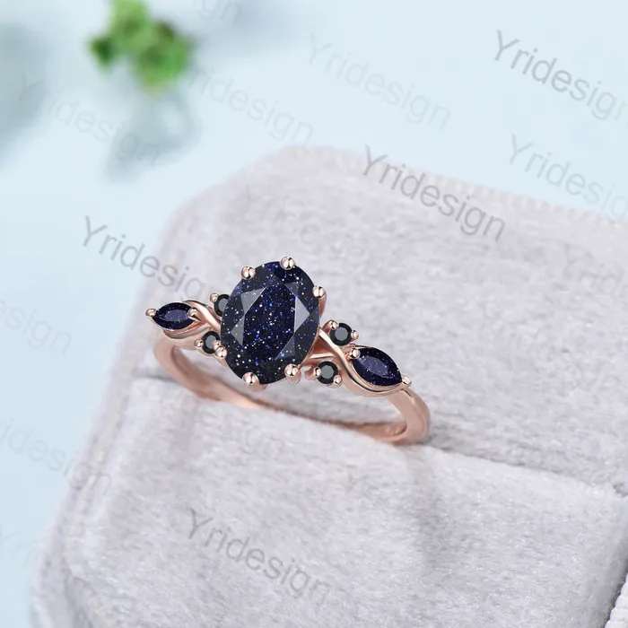 Vintage blue sandstone engagement ring rose gold twisted unique 15CT black crystal oval wedding ring art deco anniversary ring for women PENFINE Rings Vintage blue sandstone engagement ring rose gold twisted unique 15CT black crystal oval wedding ring art deco anniversary ring for women PENFINE Rings