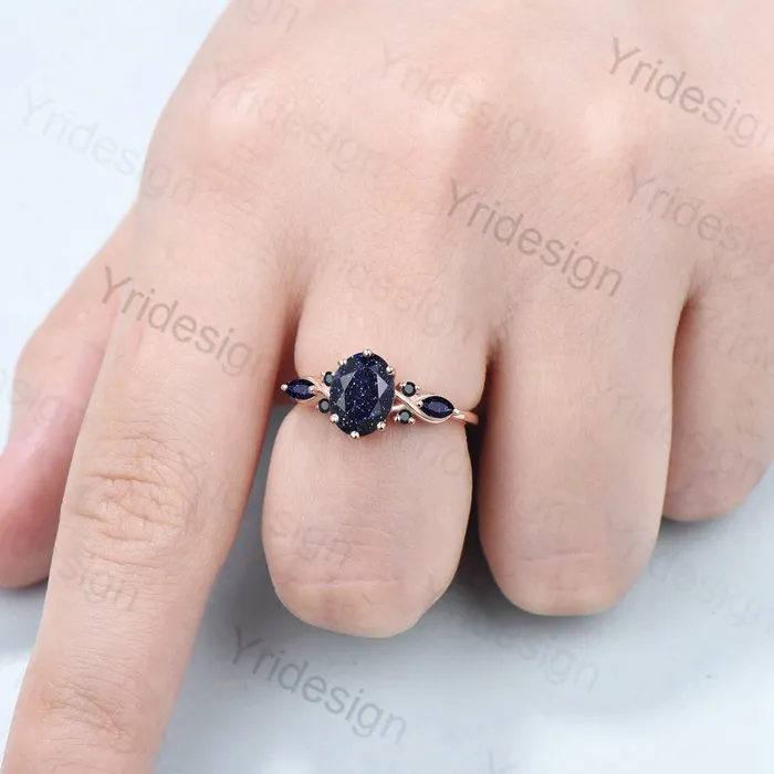 Vintage blue sandstone engagement ring rose gold twisted unique 15CT black crystal oval wedding ring art deco anniversary ring for women PENFINE Rings Vintage blue sandstone engagement ring rose gold twisted unique 15CT black crystal oval wedding ring art deco anniversary ring for women PENFINE Rings