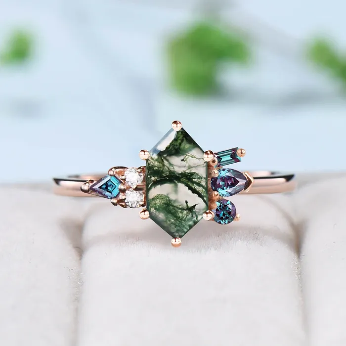 Vintage Long hexagon cut moss agate ring Unique Green Agate engagement ring cluster alexandrite wedding ring art deco proposal gifts women PENFINE Rings Vintage Long hexagon cut moss agate ring Unique Green Agate engagement ring cluster alexandrite wedding ring art deco proposal gifts women PENFINE Rings