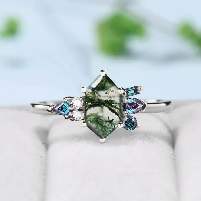 Vintage Long hexagon cut moss agate ring Unique Green Agate engagement ring cluster alexandrite wedding ring art deco proposal gifts women PENFINE Rings Vintage Long hexagon cut moss agate ring Unique Green Agate engagement ring cluster alexandrite wedding ring art deco proposal gifts women PENFINE Rings