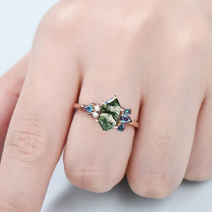 Vintage Long hexagon cut moss agate ring Unique Green Agate engagement ring cluster alexandrite wedding ring art deco proposal gifts women PENFINE Rings Vintage Long hexagon cut moss agate ring Unique Green Agate engagement ring cluster alexandrite wedding ring art deco proposal gifts women PENFINE Rings