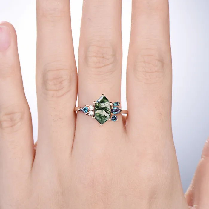 Vintage Long hexagon cut moss agate ring Unique Green Agate engagement ring cluster alexandrite wedding ring art deco proposal gifts women PENFINE Rings Vintage Long hexagon cut moss agate ring Unique Green Agate engagement ring cluster alexandrite wedding ring art deco proposal gifts women PENFINE Rings