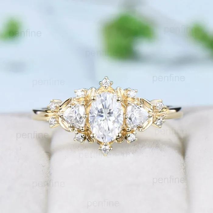 Vintage Oval Moissanite Ring 14K Yellow Gold 1 carat moissanite Leaf Engagement Ring Cluster Trillion Cut Moissanite Fancy Wedding Ring PENFINE Rings Vintage Oval Moissanite Ring 14K Yellow Gold 1 carat moissanite Leaf Engagement Ring Cluster Trillion Cut Moissanite Fancy Wedding Ring PENFINE Rings