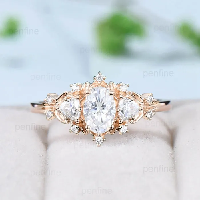 Vintage Oval Moissanite Ring 14K Yellow Gold 1 carat moissanite Leaf Engagement Ring Cluster Trillion Cut Moissanite Fancy Wedding Ring PENFINE Rings Vintage Oval Moissanite Ring 14K Yellow Gold 1 carat moissanite Leaf Engagement Ring Cluster Trillion Cut Moissanite Fancy Wedding Ring PENFINE Rings