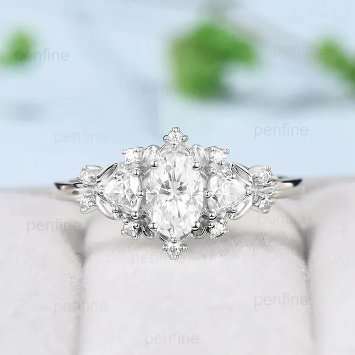 Vintage Oval Moissanite Ring 14K Yellow Gold 1 carat moissanite Leaf Engagement Ring Cluster Trillion Cut Moissanite Fancy Wedding Ring PENFINE Rings Vintage Oval Moissanite Ring 14K Yellow Gold 1 carat moissanite Leaf Engagement Ring Cluster Trillion Cut Moissanite Fancy Wedding Ring PENFINE Rings