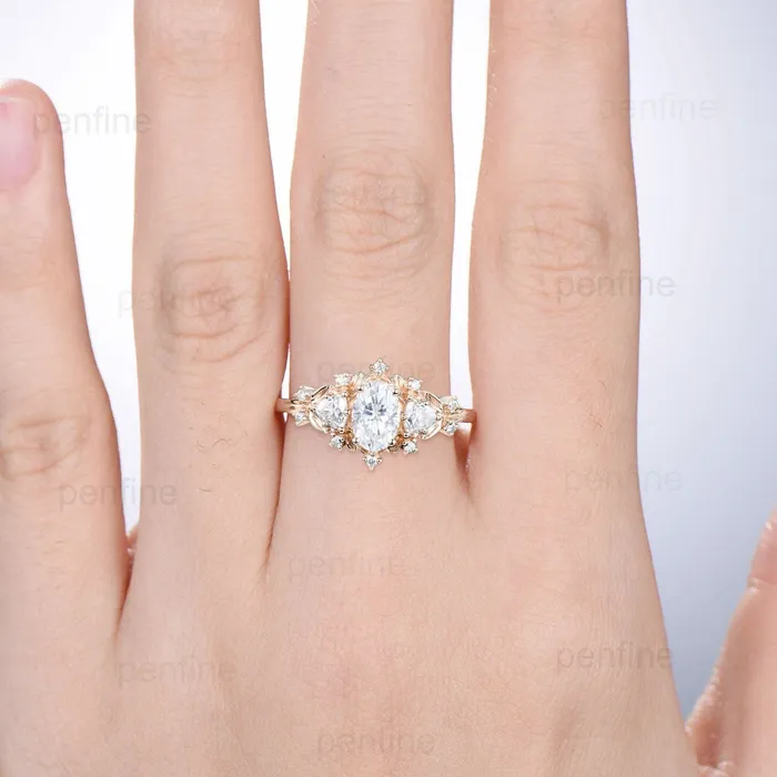 Vintage Oval Moissanite Ring 14K Yellow Gold 1 carat moissanite Leaf Engagement Ring Cluster Trillion Cut Moissanite Fancy Wedding Ring PENFINE Rings Vintage Oval Moissanite Ring 14K Yellow Gold 1 carat moissanite Leaf Engagement Ring Cluster Trillion Cut Moissanite Fancy Wedding Ring PENFINE Rings