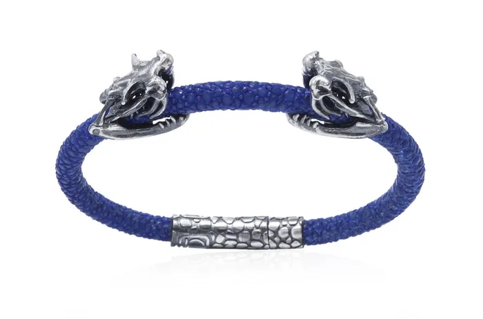 Albert Hern Bracelet LivingSkull Men Stingray Leather Two Silver Viper Skulls Bracelets