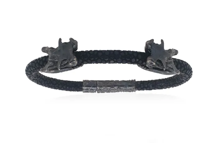 Albert Hern Bracelet LivingSkull Men Stingray Leather Two Silver Viper Skulls Bracelets
