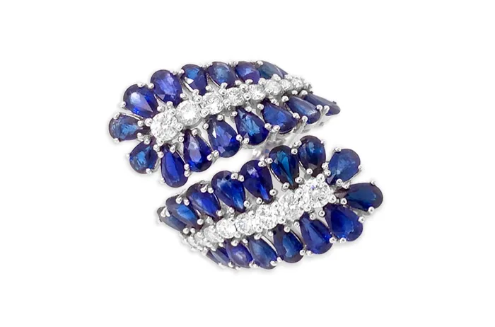 Albert Hern Ring 18kt Gold Leaves Blue Sapphire Diamonds Rings