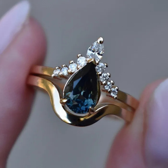 Albrecht Jewellery Rings Teal Sapphire Engagement Ring Set w Diamonds 14K Yellow Gold Albrecht Jewellery Rings Teal Sapphire Engagement Ring Set w Diamonds 14K Yellow Gold