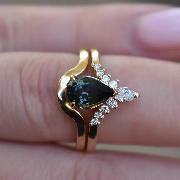 Albrecht Jewellery Rings Teal Sapphire Engagement Ring Set w Diamonds 14K Yellow Gold Albrecht Jewellery Rings Teal Sapphire Engagement Ring Set w Diamonds 14K Yellow Gold