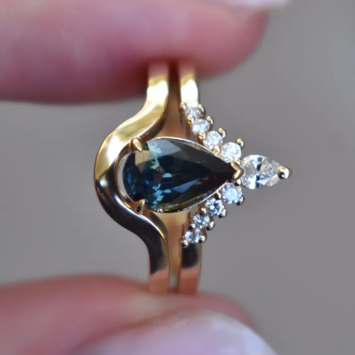 Albrecht Jewellery Rings Teal Sapphire Engagement Ring Set w Diamonds 14K Yellow Gold Albrecht Jewellery Rings Teal Sapphire Engagement Ring Set w Diamonds 14K Yellow Gold