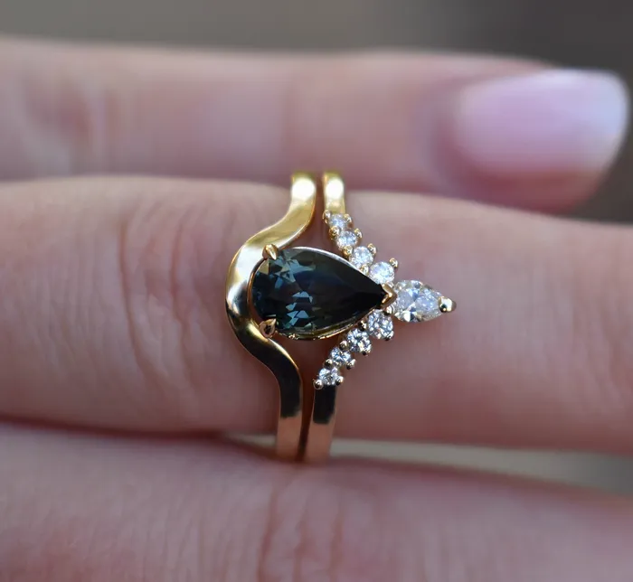 Albrecht Jewellery Rings Teal Sapphire Engagement Ring Set w Diamonds 14K Yellow Gold Albrecht Jewellery Rings Teal Sapphire Engagement Ring Set w Diamonds 14K Yellow Gold