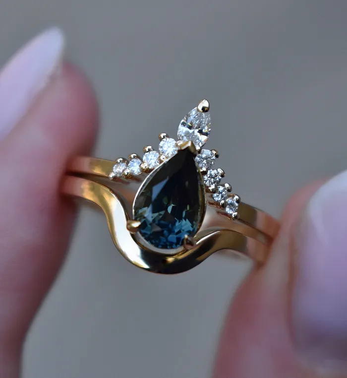 Albrecht Jewellery Rings Teal Sapphire Engagement Ring Set w Diamonds 14K Yellow Gold Albrecht Jewellery Rings Teal Sapphire Engagement Ring Set w Diamonds 14K Yellow Gold