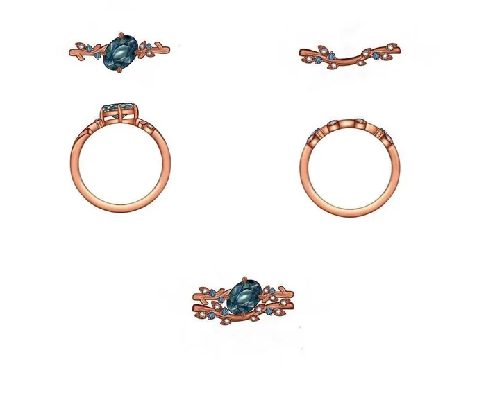 Albrecht Jewelry Custom Order Nature Inspired Ring w Oval Parti Sapphire 14K Gold 50 Down Payment Rings