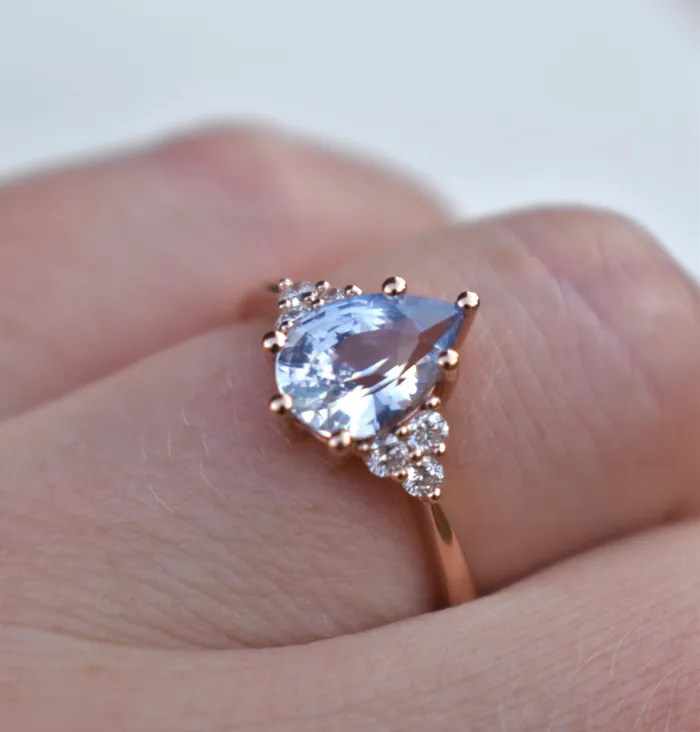 AlbrechtJewellery Rings Pastel Blue Pear Shape Sapphire Engagement Ring with Diamonds 14K Rose Gold