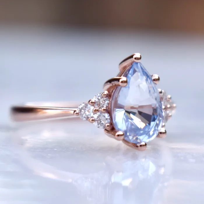 AlbrechtJewellery Rings Pastel Blue Pear Shape Sapphire Engagement Ring with Diamonds 14K Rose Gold