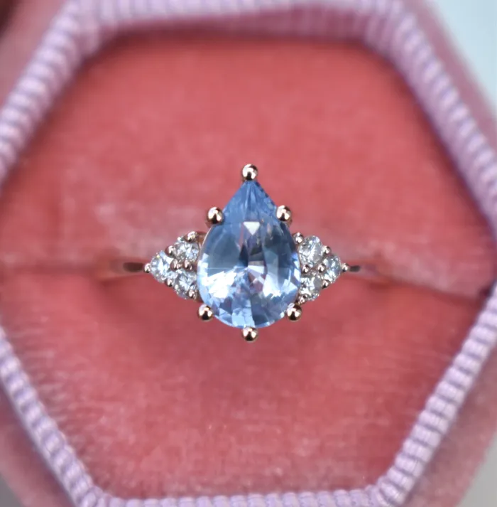 AlbrechtJewellery Rings Pastel Blue Pear Shape Sapphire Engagement Ring with Diamonds 14K Rose Gold