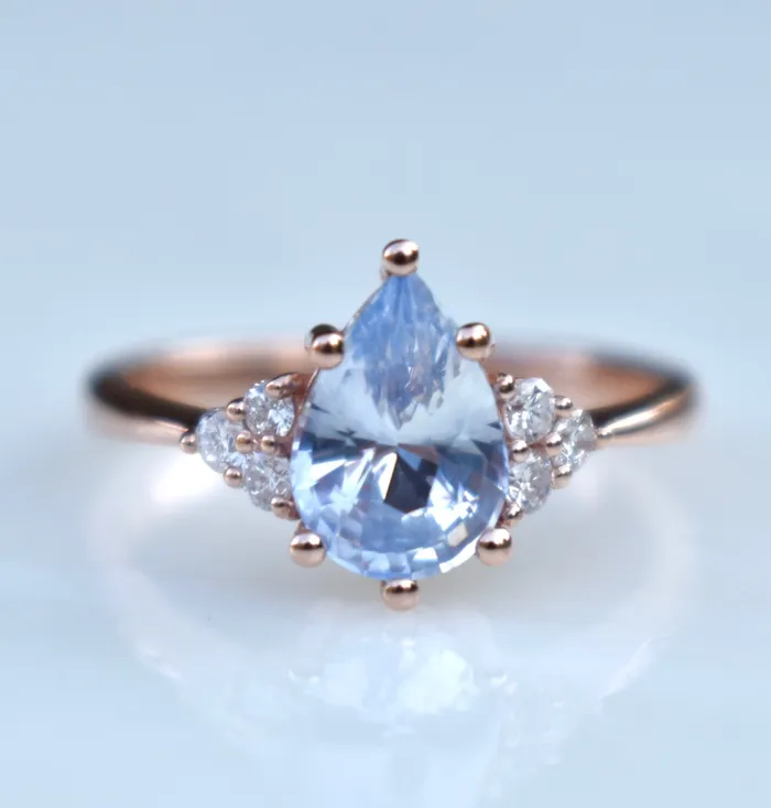 AlbrechtJewellery Rings Pastel Blue Pear Shape Sapphire Engagement Ring with Diamonds 14K Rose Gold