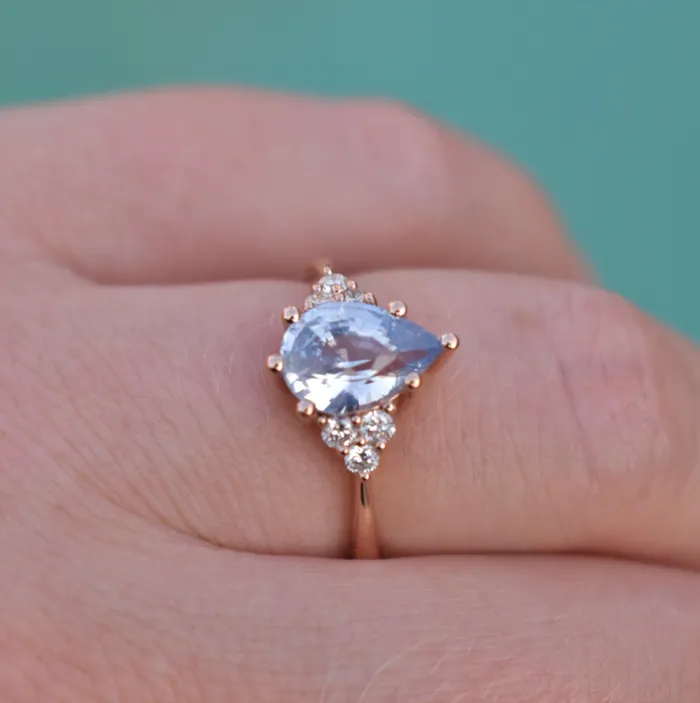 AlbrechtJewellery Rings Pastel Blue Pear Shape Sapphire Engagement Ring with Diamonds 14K Rose Gold