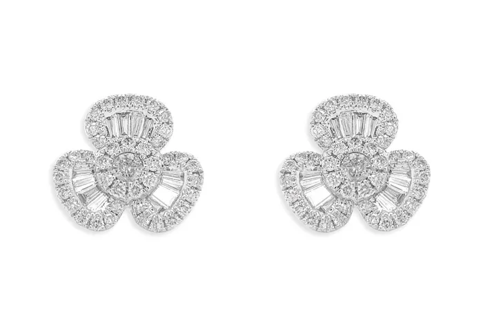Earrings 18kt Gold Baguette Round Diamonds Flowers Albert Hern Earrings