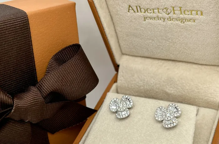 Earrings 18kt Gold Baguette Round Diamonds Flowers Albert Hern Earrings Earrings 18kt Gold Baguette Round Diamonds Flowers Albert Hern Earrings