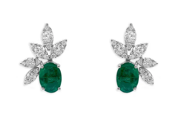 Earrings 18kt Gold Oval Emeralds Diamonds Flowers Albert Hern Earrings