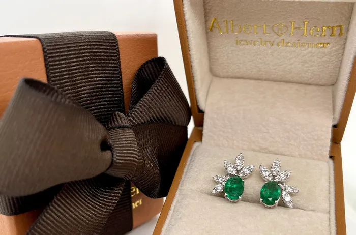 Earrings 18kt Gold Oval Emeralds Diamonds Flowers Albert Hern Earrings Earrings 18kt Gold Oval Emeralds Diamonds Flowers Albert Hern Earrings