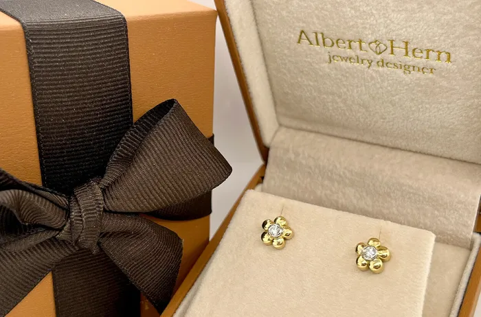 Earrings Albert Hern Mini Earrings 18kt Gold Flower Bezel Diamond Studs Earrings Albert Hern Mini Earrings 18kt Gold Flower Bezel Diamond Studs