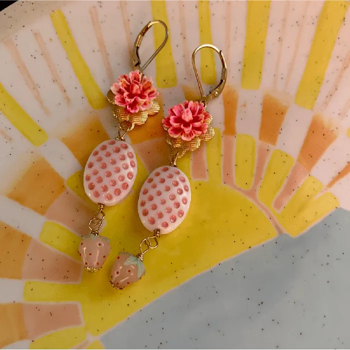 Earrings Love Vintage Paris Strawberry Flower Basket Earrings Gold Filled Handmade