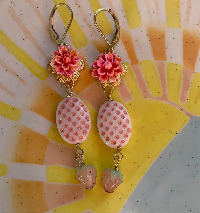 Earrings Love Vintage Paris Strawberry Flower Basket Earrings Gold Filled Handmade