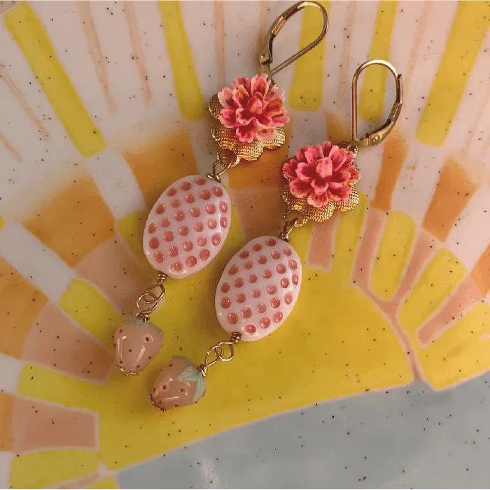Earrings Love Vintage Paris Strawberry Flower Basket Earrings Gold Filled Handmade