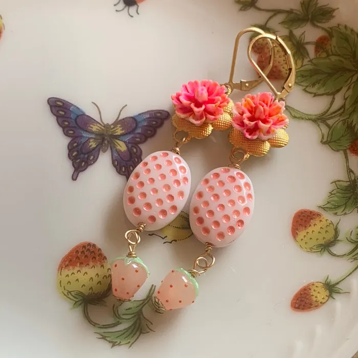Earrings Love Vintage Paris Strawberry Flower Basket Earrings Gold Filled Handmade