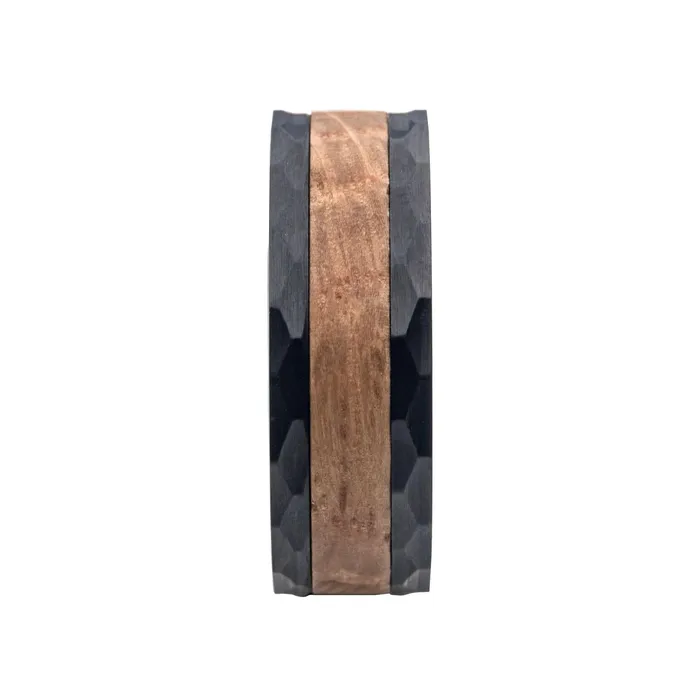 INOX JEWELRY Rings Black Stainless Steel Band with Whiskey Barrel Wooden Inlay