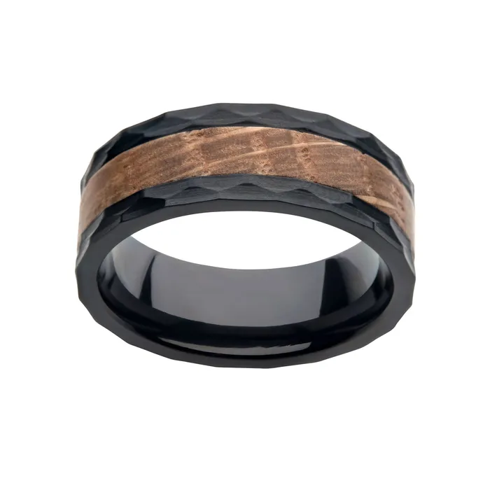 INOX JEWELRY Rings Black Stainless Steel Band with Whiskey Barrel Wooden Inlay