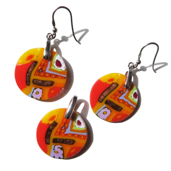 Murano Glass Pendant and earrings set Round Small Quadrone Multicolor Orange Murrine VN Murrine Earrings Murano Glass Pendant and earrings set Round Small Quadrone Multicolor Orange Murrine VN Murrine Earrings