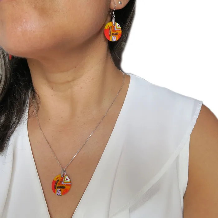 Murano Glass Pendant and earrings set Round Small Quadrone Multicolor Orange Murrine VN Murrine Earrings