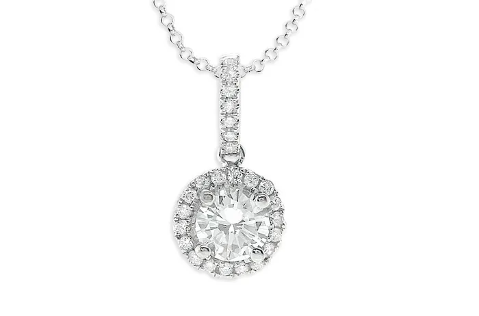 Necklaces Albert Hern Necklace 18kt Gold Round GIA Diamond 046cts with Halo Pave Necklaces Albert Hern Necklace 18kt Gold Round GIA Diamond 046cts with Halo Pave