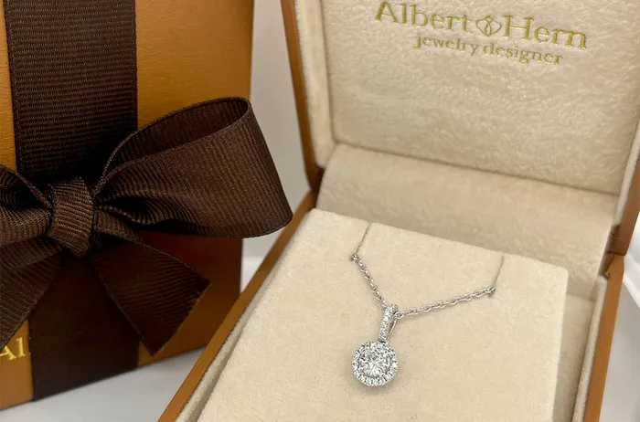 Necklaces Albert Hern Necklace 18kt Gold Round GIA Diamond 046cts with Halo Pave Necklaces Albert Hern Necklace 18kt Gold Round GIA Diamond 046cts with Halo Pave