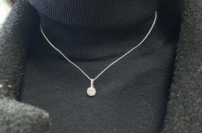 Necklaces Albert Hern Necklace 18kt Gold Round GIA Diamond 046cts with Halo Pave Necklaces Albert Hern Necklace 18kt Gold Round GIA Diamond 046cts with Halo Pave