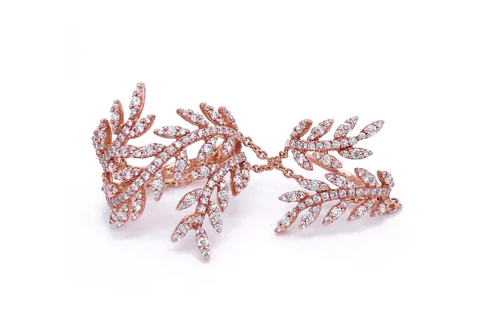 Ring Double Leaf 18kt Rose Gold Diamonds Albert Hern Rings