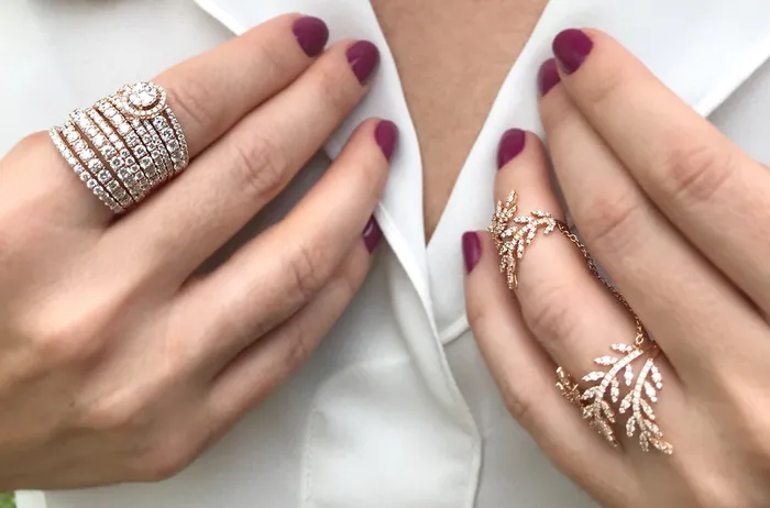 Ring Double Leaf 18kt Rose Gold Diamonds Albert Hern Rings