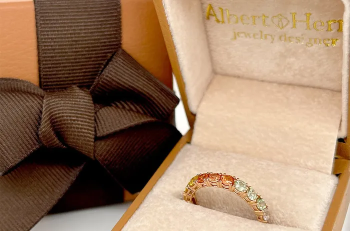 Rings Albert Hern Ring 18kt Rose Gold 10 Round Multicolor Sapphires Rings Albert Hern Ring 18kt Rose Gold 10 Round Multicolor Sapphires
