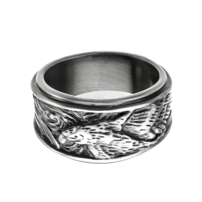 Silver Tone Stainless Steel Oxidized Finish Brushed Eagle Band Ring INOX JEWELRY Rings