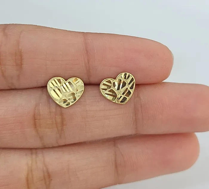 10k Gold Nugget Heart Earrings With Push Back Real 10kt Gold Studs Gold and Diamond Earrings