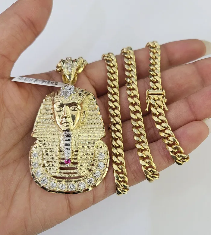 10K Miami Cuban Link Chain Pharaoh Pendent Charm 6mm 2030 Necklace Gold and Diamond Necklaces