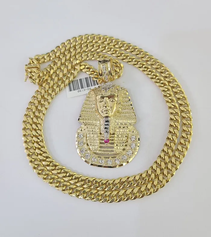 10K Miami Cuban Link Chain Pharaoh Pendent Charm 6mm 2030 Necklace Gold and Diamond Necklaces