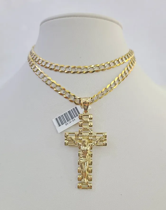 10k Solid Gold Cuban Curb Chain Jesus Cross Pendant 6mm 2030 SET Necklace Gold and Diamond Necklaces 10k Solid Gold Cuban Curb Chain Jesus Cross Pendant 6mm 2030 SET Necklace Gold and Diamond Necklaces